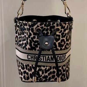 Dior Up cycled Black And Cream Leopard Print Leather Bucket Shoulder Bag